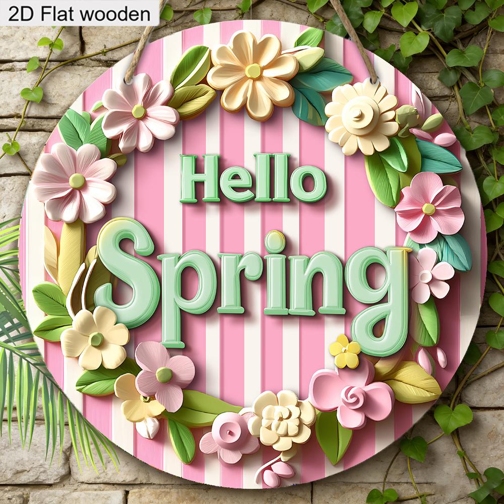 2D Flat, 1pc Hello Spring Wreath Wooden Sign Welcome Sign for House Patio Entry Door and Hallway Decoration Party Home Wall Art Decoration Spring