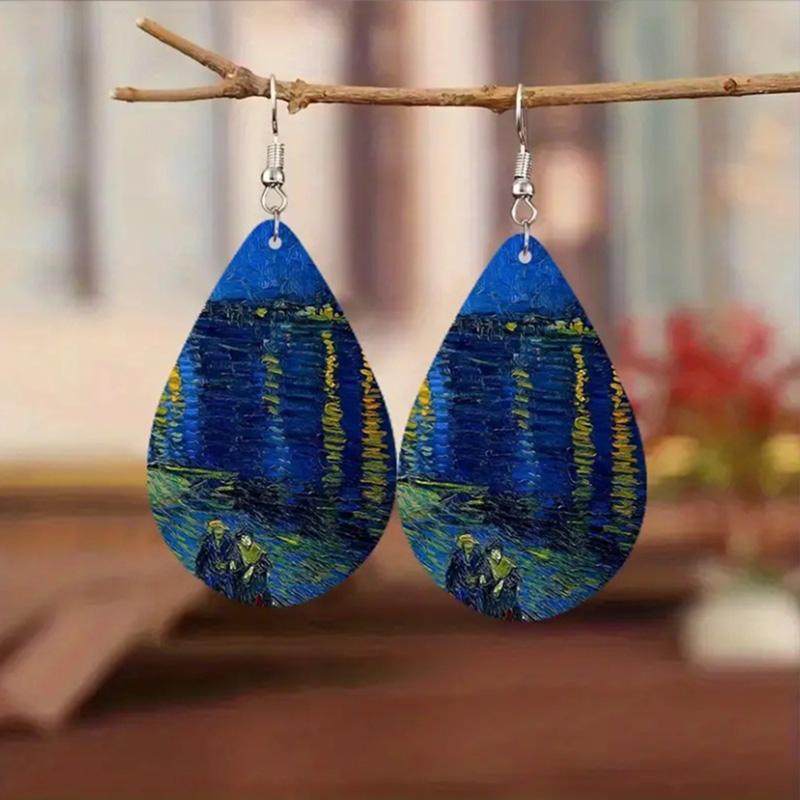 Classic Van Gogh Starry Night Earrings Vintage Tree Of Life Water Drop Leather Earrings For Women