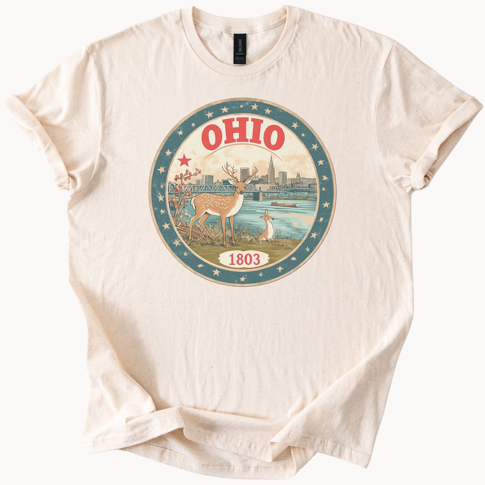Ohio State Graphic T Shirt Scenic Wildlife Deer River Bridge Skyline Illustration 1803 Nature Ohio City Art Tee 110