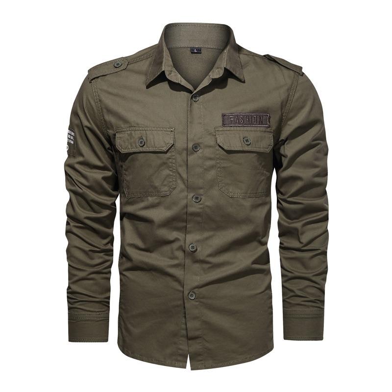 Men S Casual Military Style Long Sleeve Solid Color Shirt