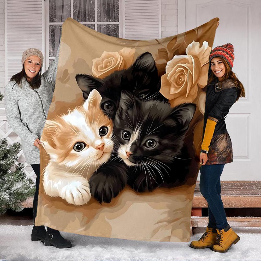 1pc Kitten Roses Outdoor Flannel Blanket , Machine Washable Perfect Gift for Birthday , Holiday Travel Accessory , Durable Material