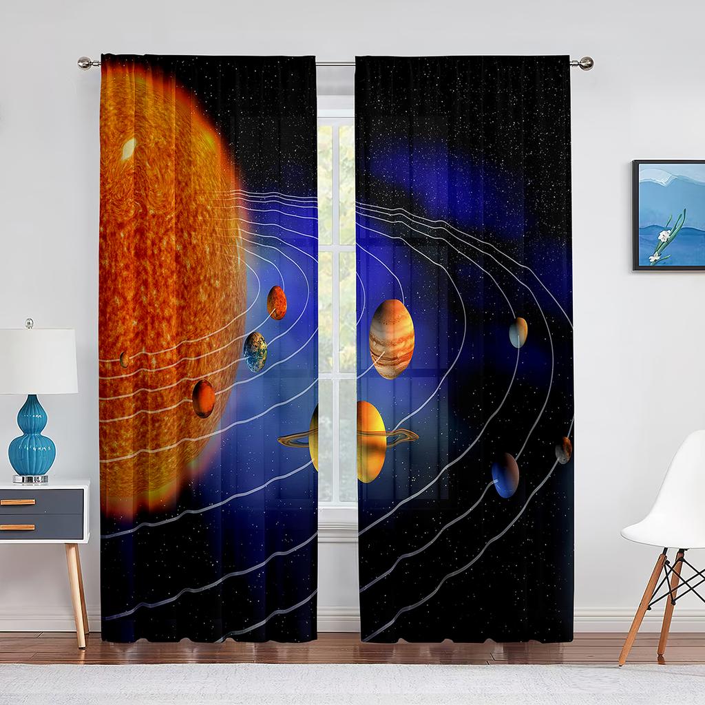 Solar System Outer Space Sheer Voile Curtain for Living Room Bedroom Decor Planet Galaxy Glitter Fantasy Window Tulle Curtains