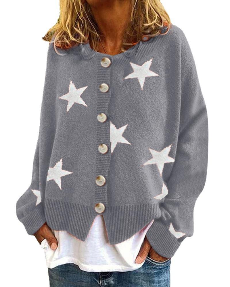 Autumn/Winter Women's Knitted Cardigan - Five-Pointed Star Design, Single-Breasted Sweater