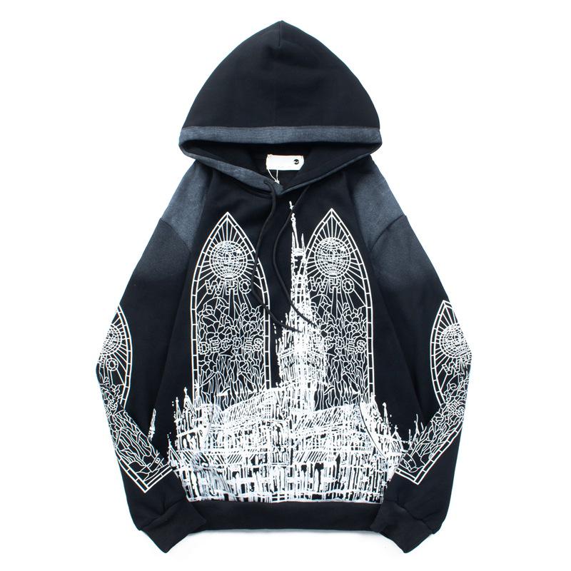 American High Street Retro Mud-Dyed Distressed Metropolis Print Hoodie for Men & Women XXL