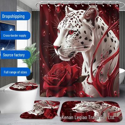 Rose & Leopard Bath Set: Shower Curtain, Non-slip Mat, Toilet Lid Cover, Bathroom Mat & 12 Hooks