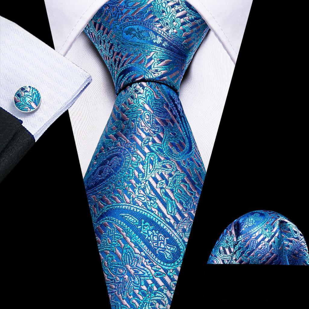 Barry.Wang Floral Ties for Men Woven Paisley Wedding Necktie Handkerchief Cufflinks Formal Casual Set
