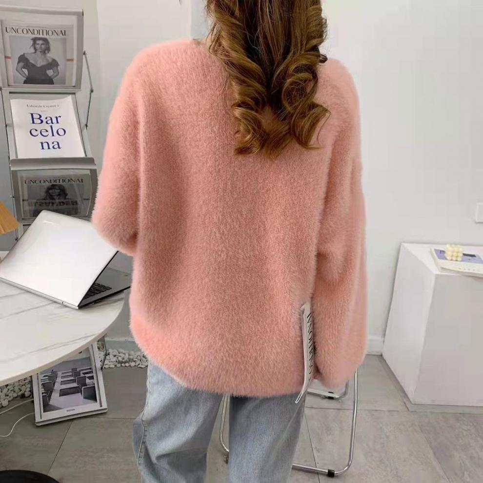 Women's Fluffy Mink Velvet V-neck Sweater: Japanese & Korean Style, Fashionable, Versatile, Loose Fit for Autumn/Winter
