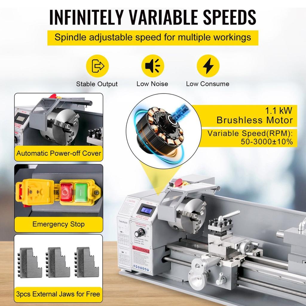1100W Mini Metal Lathe 220MMx750MM Variable-Speed Metal Lathe RPM Metal Milling Machine Digital Milling Metal Lathe with 3-Jaw Chuck, MT5 Spindle