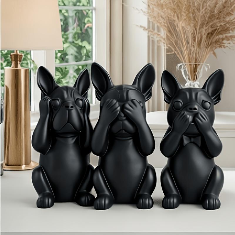 

French Bulldog 3P Set - See/Hear/Speak No Evil. Nordic Black Statues for Desk, Shelf. Perfect Gift for Dog Lovers.