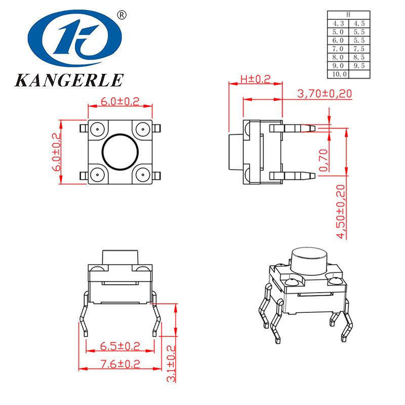 Waterproof 6x6 SMD Tactile Switch with Various Heights
