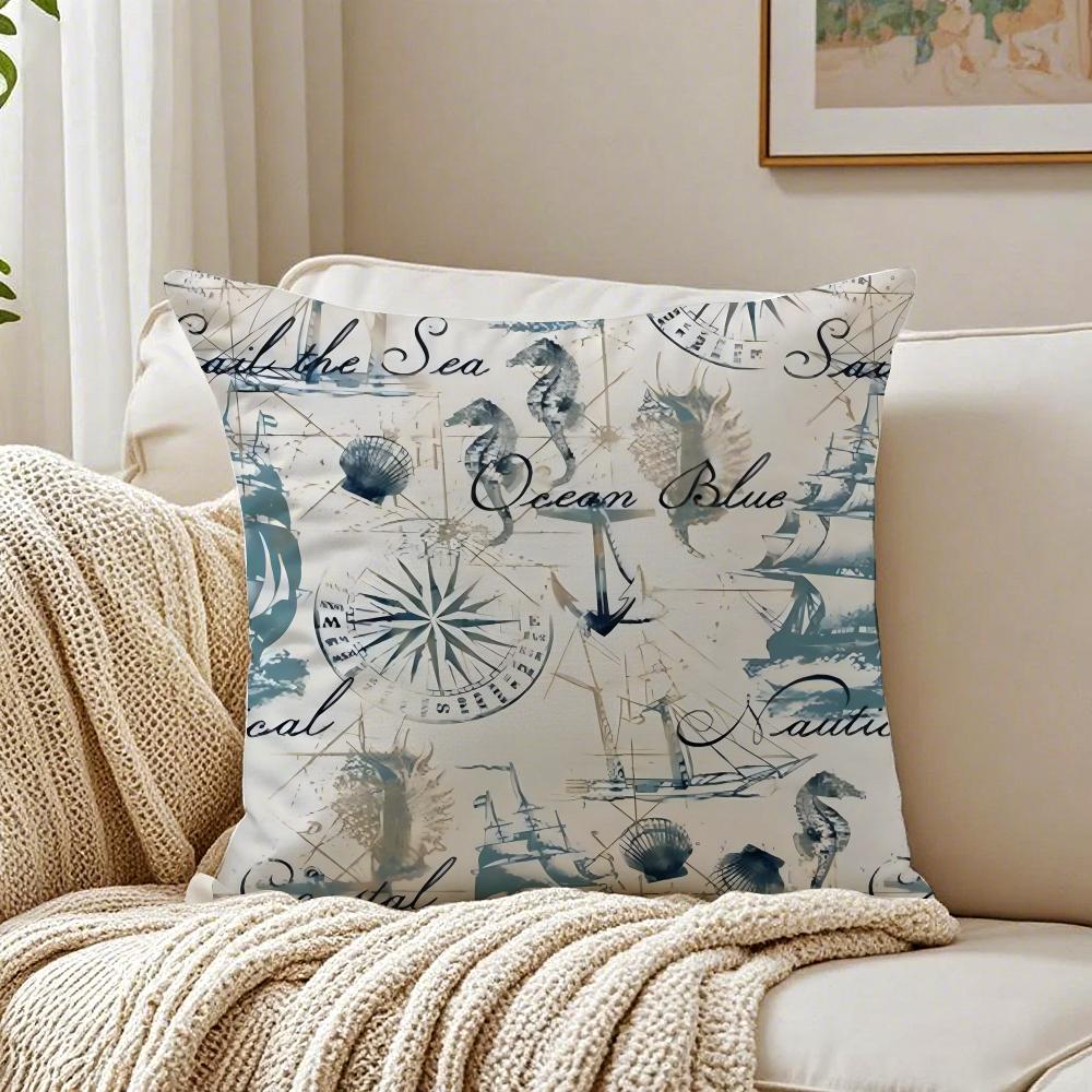 Nautical Calm Art Marine Theme Rudder Anchor Animals Cushion Cover Pillowcase Antidustmite Living Room Sofa Decor Cushion Room