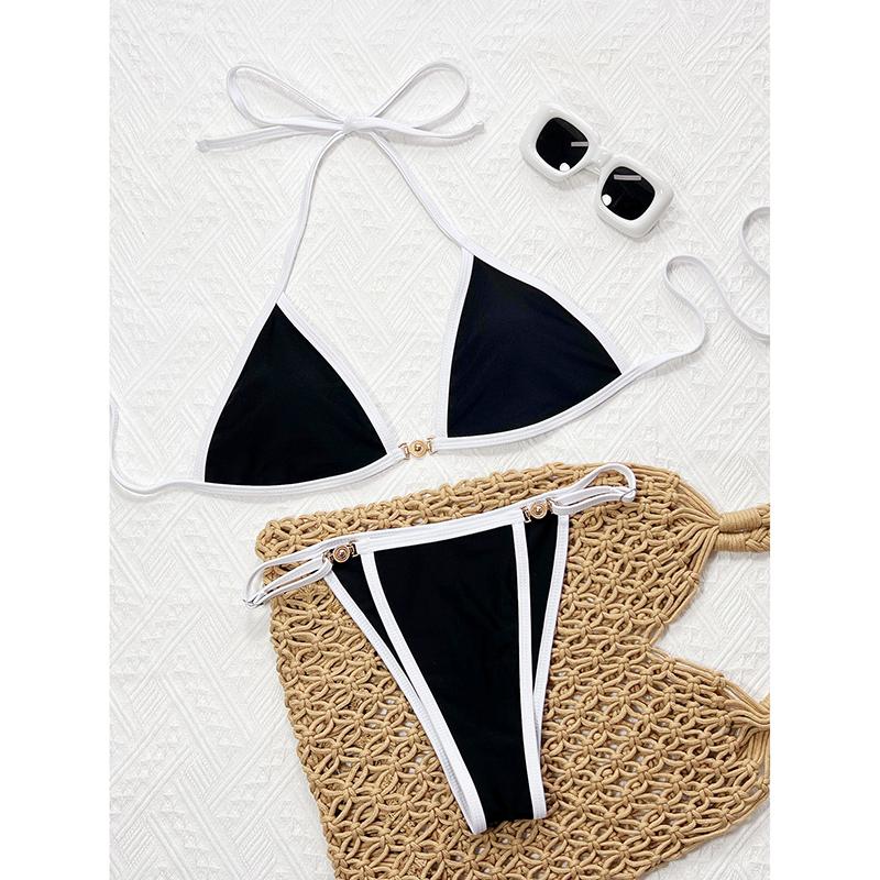 

Сексуальный черный контрастный комплект бикини женский роскошный пуш-ап бриллиантовый стринги купальник бразильский летний купальник микро купальник L чёрный