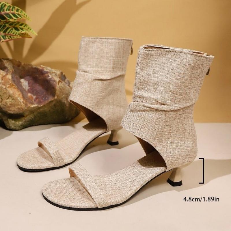 Fashion Cloth Stiletto Sandals Summer New Round Head One Line Belt Bag Heel Back Zipper Anti-slip Wear Heel Shoes