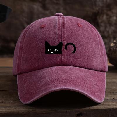Boné de beisebol preto com estampa de gato, unissex, chapéu de aba curva estiloso, para uso diário casual e esportes ao ar livre
