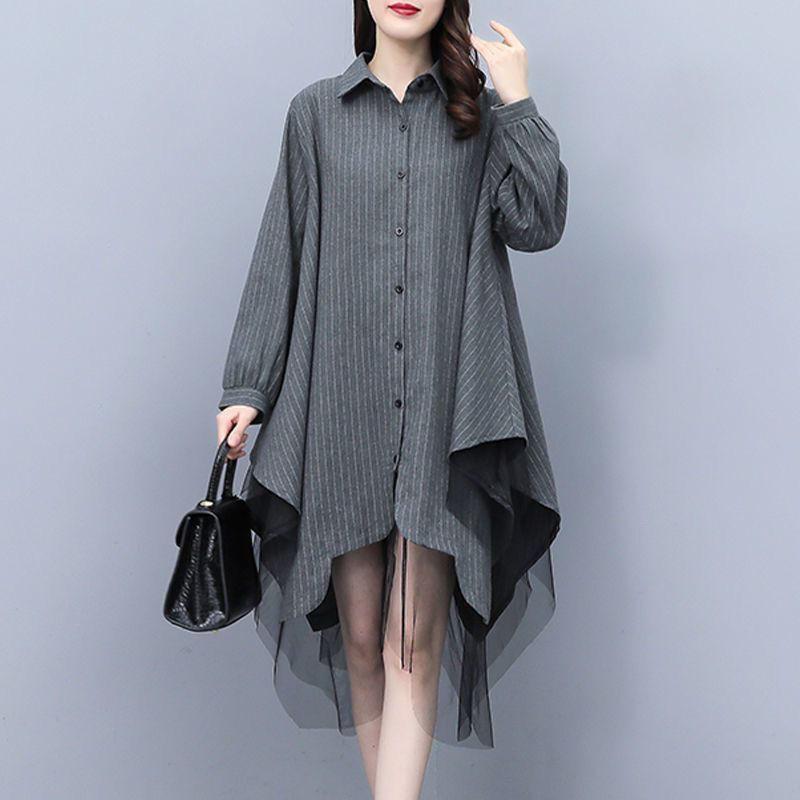 Women's Polo-Neck Button Spliced Gauze Irregular Blouse Elegant Loose Commuter Long Sleeve Shirt Tops