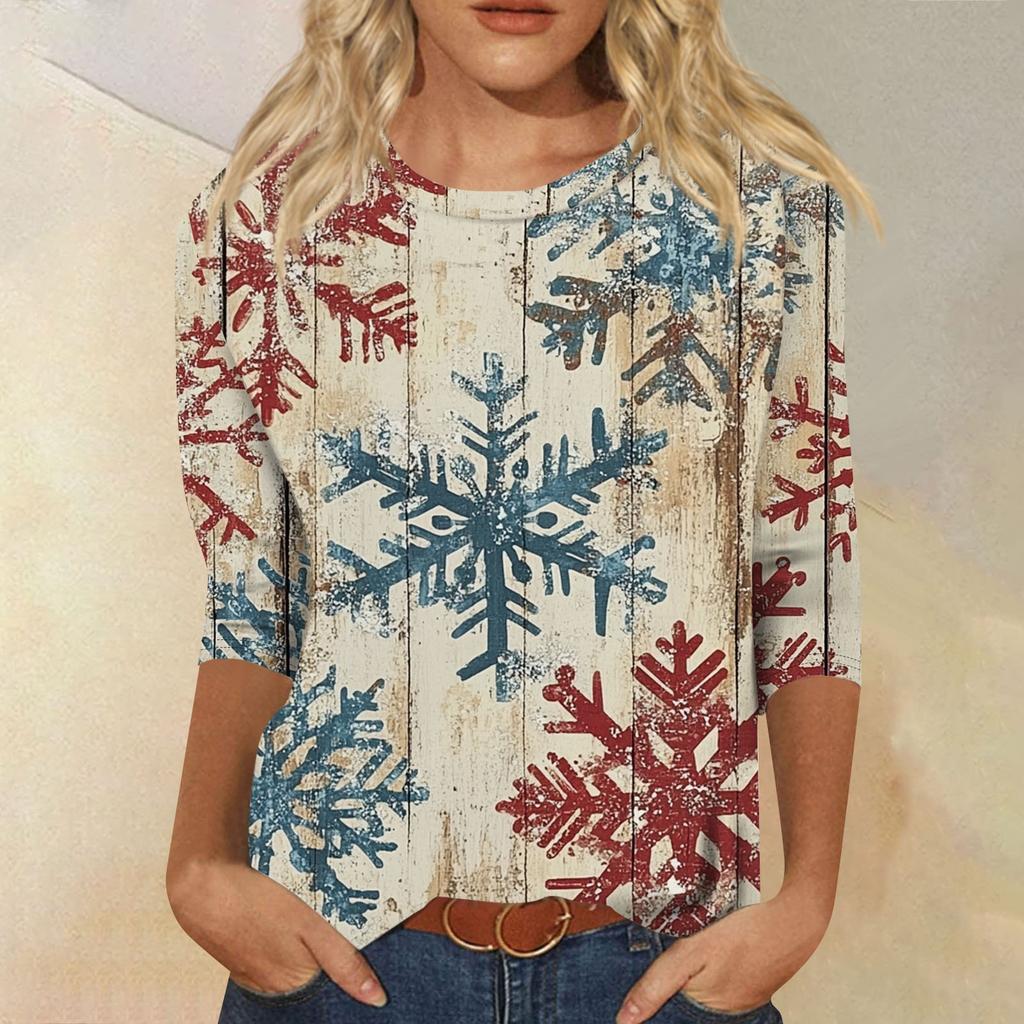 Damenmode, lässiges Oberteil mit sieben Ärmeln und Weihnachtsdruck, Rundhalsausschnitt
