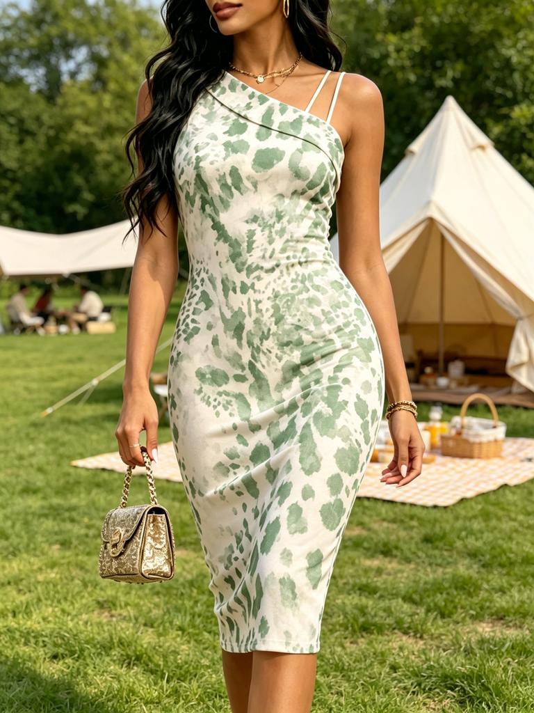 Summer Women's One Shoulder Midi Dress Tie-Dye Print Green White Bodycon Sundress