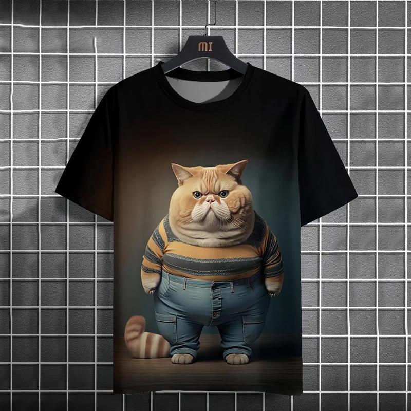 Cat Print T-shirts for Men Casual Short Sleeved Tee Oversized Mens Clothing Men's Funny T-shirt Animal Print Graphic T Shirts