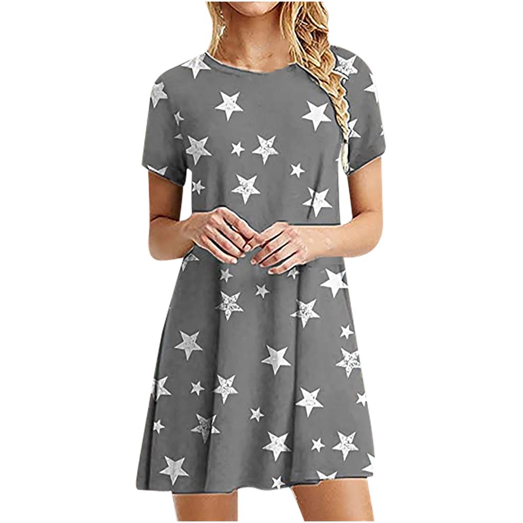 Fashion Women Casual Short Sleeve Printed Ladies Loose Dress