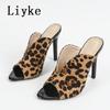 Fashion Liyke Sexy Leopard Print Women's High Heels Slippers Fashion Peep Toe Stiletto Shoes Mules Slides Summer Sandals Zapatos Mujer