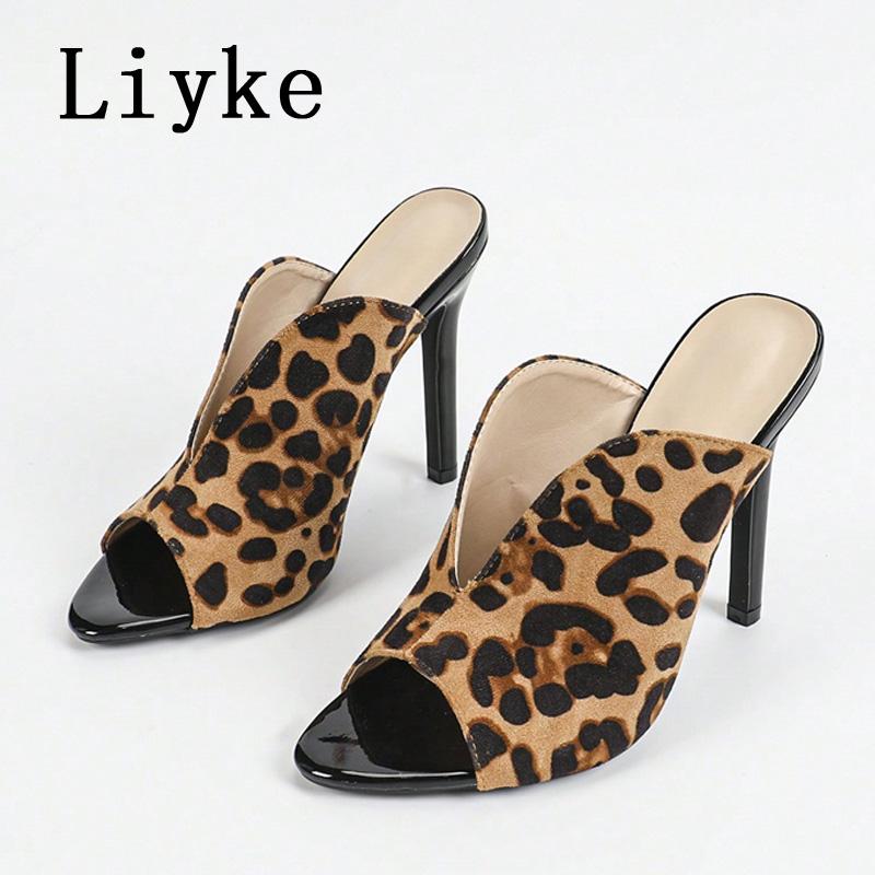 Fashion Liyke Sexy Leopard Print Women's High Heels Slippers Fashion Peep Toe Stiletto Shoes Mules Slides Summer Sandals Zapatos Mujer