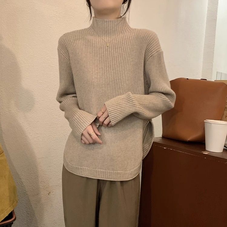 Women's Turtleneck Split Knitted Top Spring Korean Style Fashionable Loose Designed Long Sleeve Upper Garment