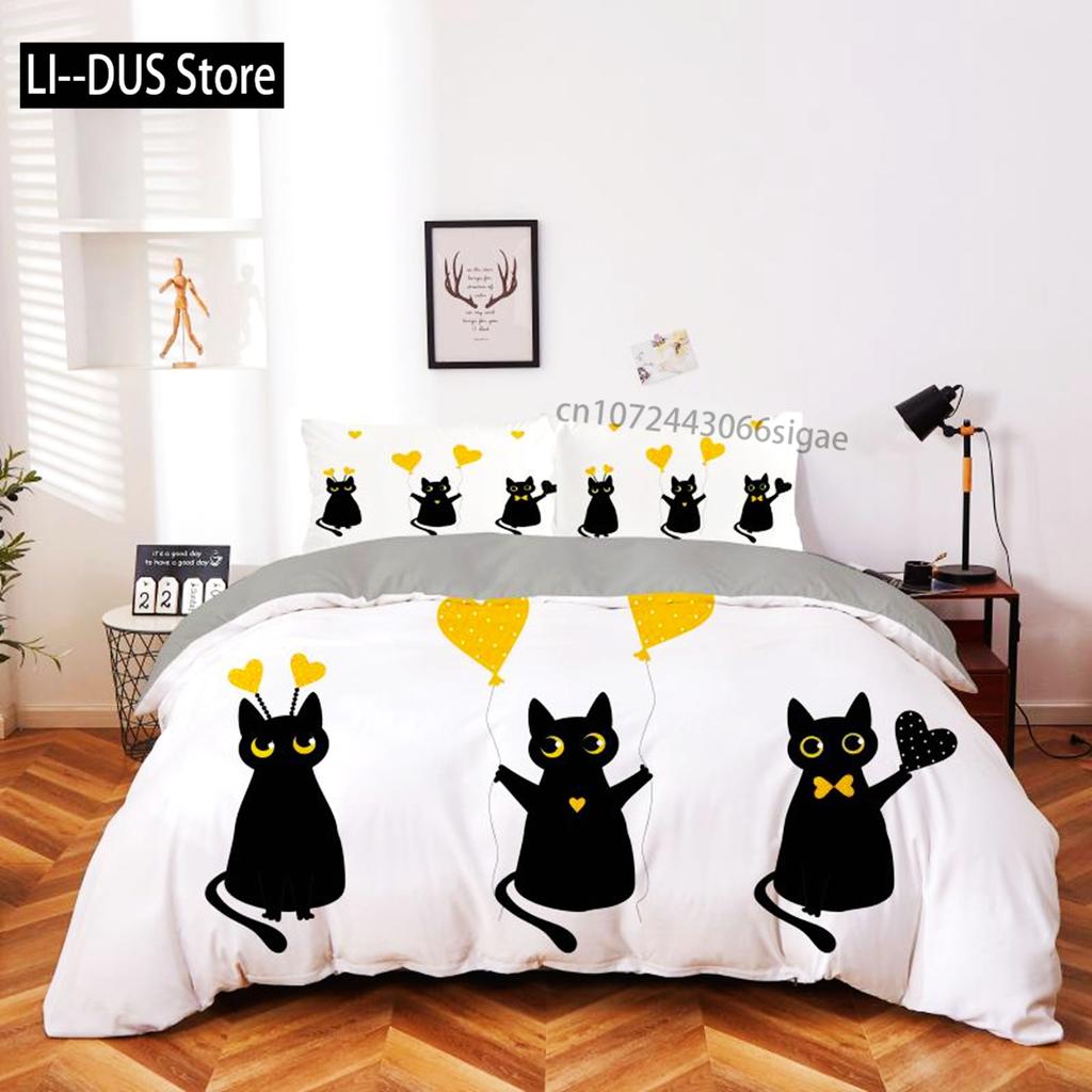 Set Copripiumino Gatto Cartone Animato Microfibra Gattino Nero Cuore Giallo Set Biancheria da Letto 2/3 Pezzi Matrimoniale King Size Copripiumino