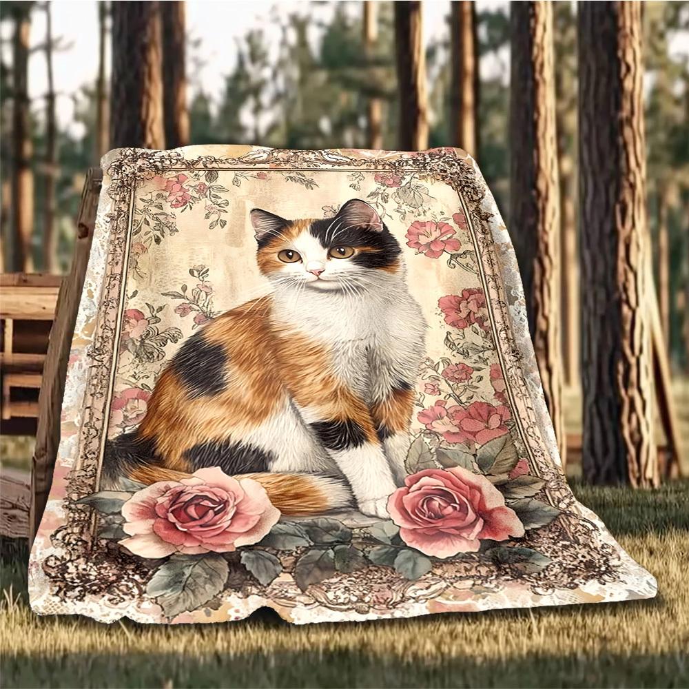 1pc Cat Portrait Outdoor Flannel Blanket Soft All Season Polyester Throw , Perfect for Picnics & Travel , Picnic Accessory