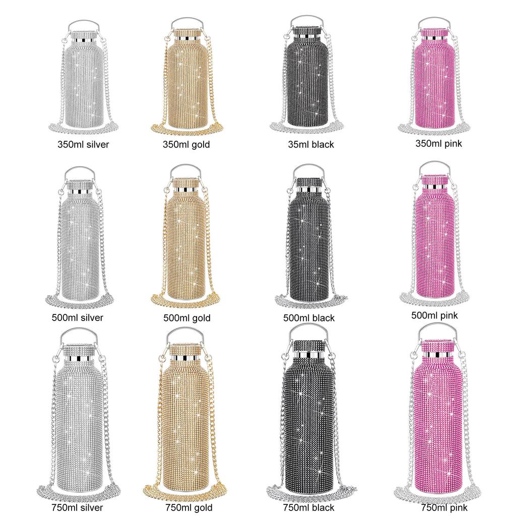 350ml/500ml/750ml Bling Diamond termosky Přenosná třpytivá štrasová láhev na vodu Crossbody termoláhev z nerezové oceli