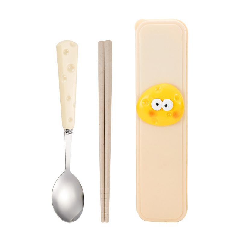 Rustfritt stål søt osteskje gaffel hvete spisepinner tredelt sett studentbarn bærbart servise Oppbevaringsbokssett