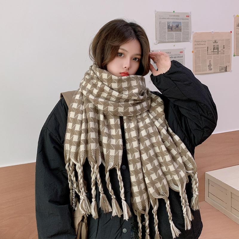 Autumn and Winter Warm Imitation Cashmere Scarf for Women New Houndstooth Braided Tassel Shawl Versatile Student Couple Scarf