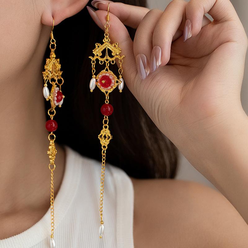 Starožitný Hanfu Lehký Luxus Pokročilý Háček do Ucha Nový Čínský Guochao Retro Dlouhé Náušnice s Třásněmi Náušnice Dámské Dvorní Styl