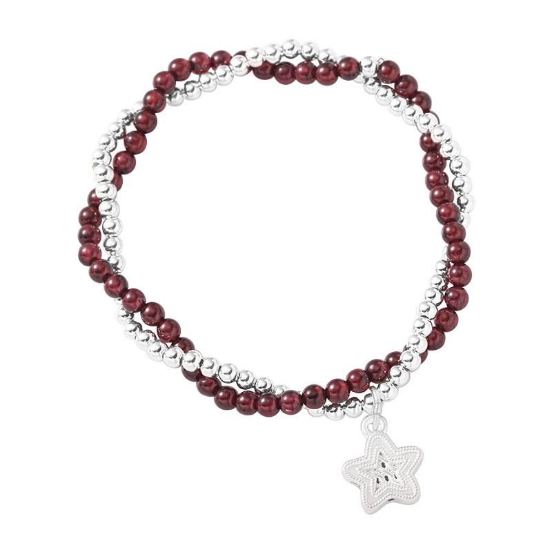 Handmade Sterling Garnet Double Layer Star Charm Bracelet Women Boho Vintage Style B6007 925 Sterling Silver