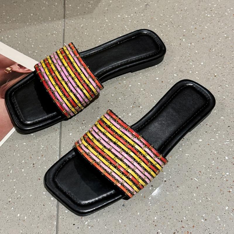 

Fashion Women s Fashion Flat Sandals Summer New Square Head Open Toe Soft Sole Anti-slip Wear-resistant Braided Flip-flops 36