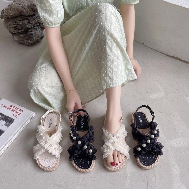 Roman Style Sandals for Women Summer 2025 No Heel Flat Rubber Ladies Shoes Footwear Beach Vintage New Breathable Fashion Daily H