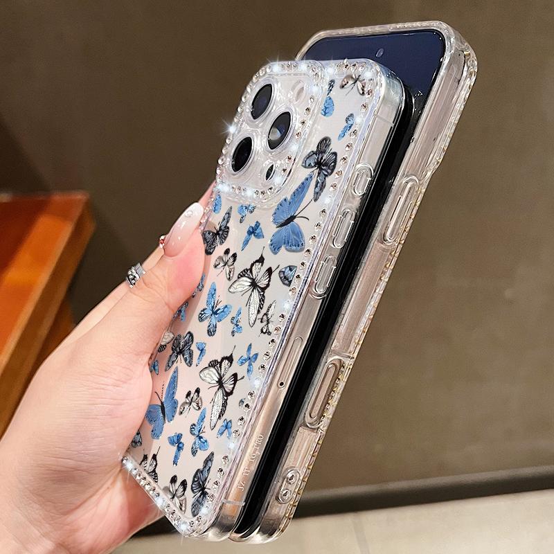 Butterfly Printing Bling Diamond Case For iPhone 17 Air 16e 16 14 15 13 17 Pro Max 15 16 Plus 17 Soft TPU Silicone Phone Cover