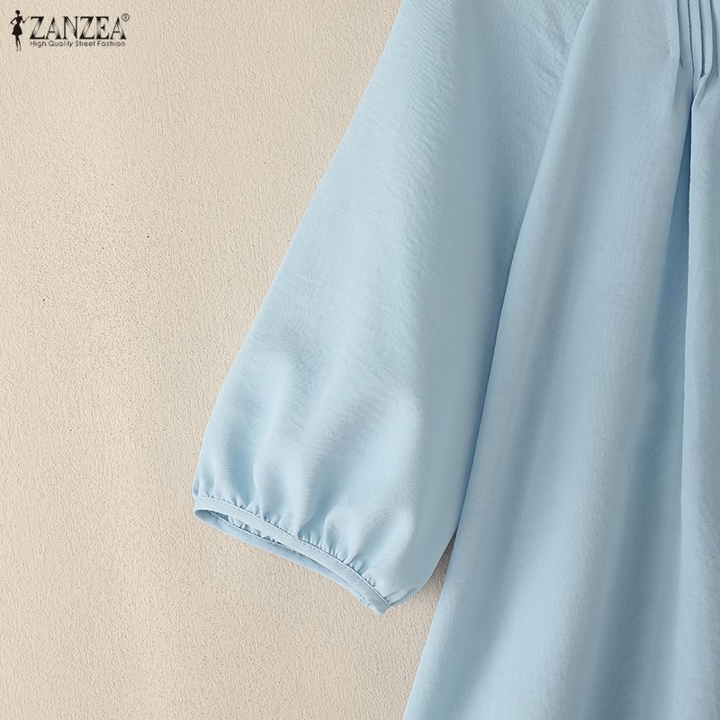 ZANZEA Damen Lässige Runde Halslinie Halbarm Locker Einfarbig Bluse