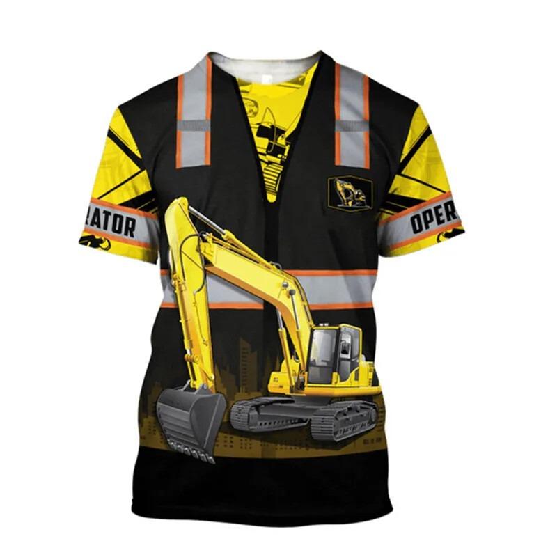 Excavator 3D Print T-shirt For Men Machinery Operator Stripe Short Sleeve Breathable Loose T Shirts Outdoor Summer Work Clothes