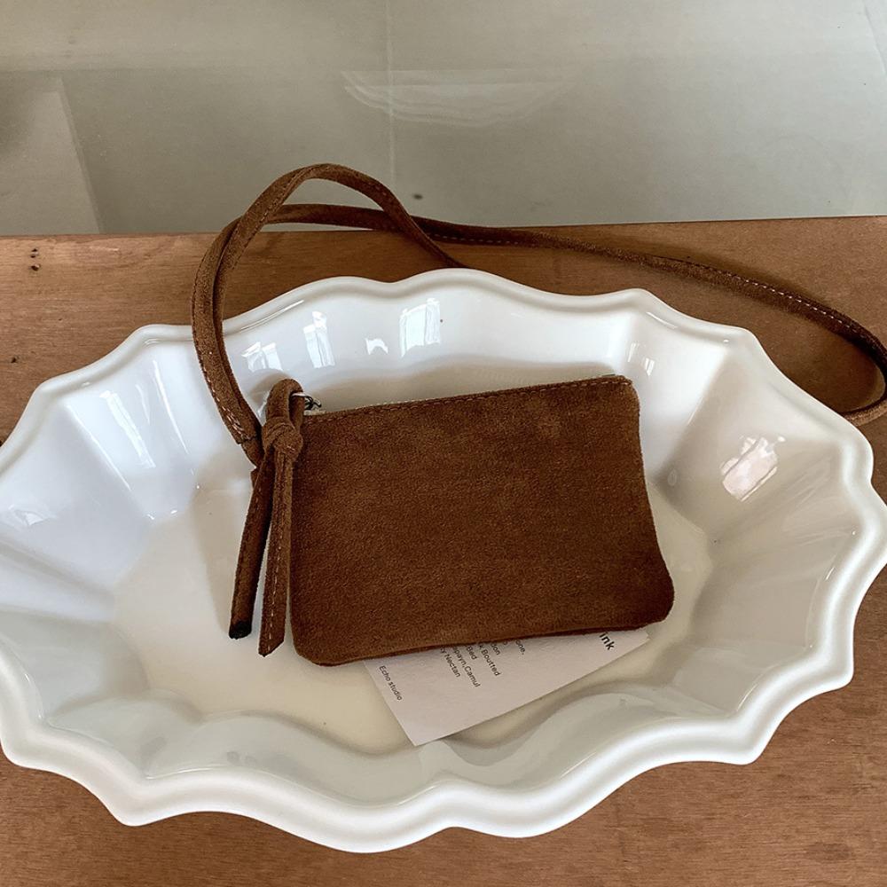 PU Leather Suede Coin Purse Shoulder Bag Hanging Neck Lanyard Wallet Makeup Storage Korean Style Mini Storage Bag Travel