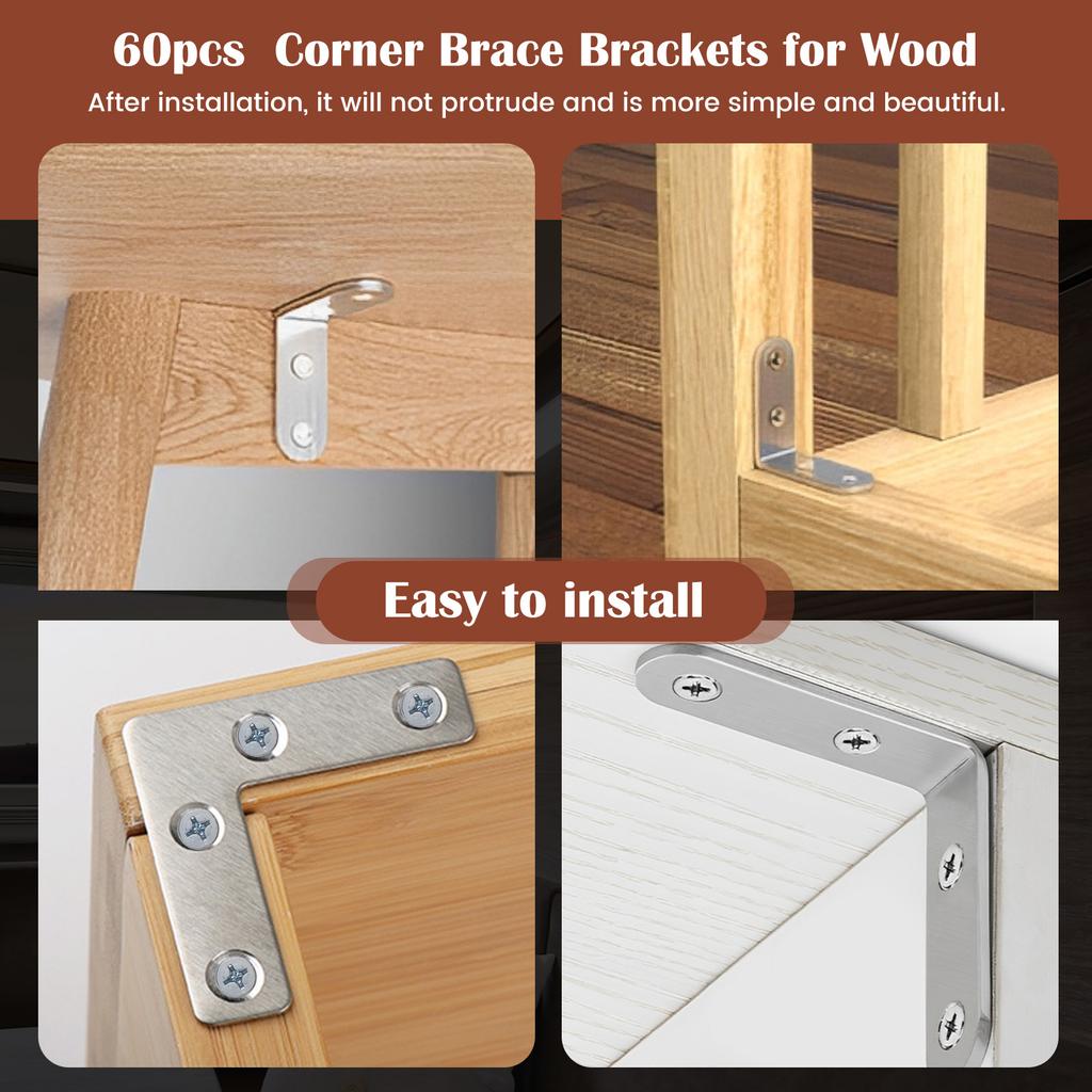 60PCS Stainless Steel L Brackets Corner Brace 16x20mm 16x40mm 16x50mm 15X60mm 90 Degree L Shaped Brackets for Shelves, Wood Furn