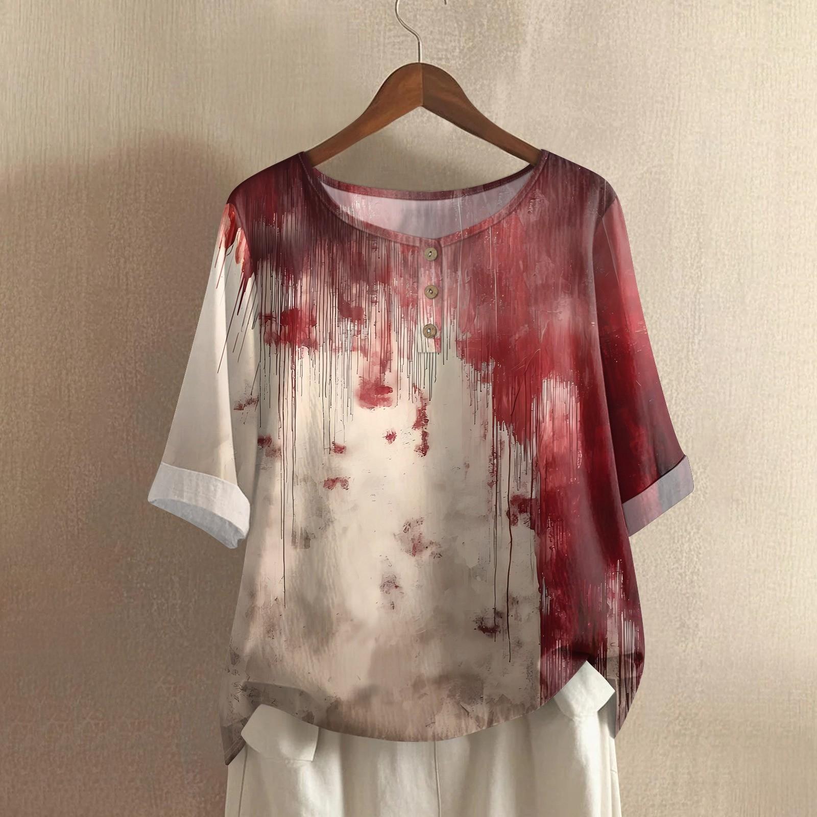 

Women s Fashionable And Casual Shirt Half-sleeve Round Neck Print Cotton And Linen Blouse Top XXL бежевий