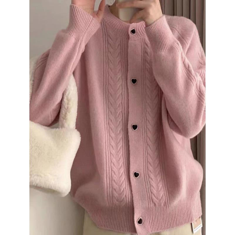Autumn and winter new solid color versatile soft waxy love buckle knitted cardigan women's fashion sweater jacket