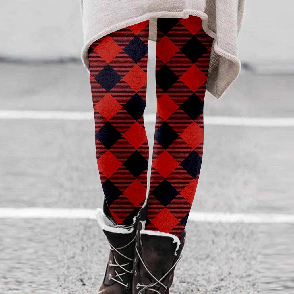 Women Fashion Plaid Print High Strength Elastic Belly Soft Leggings Pants
