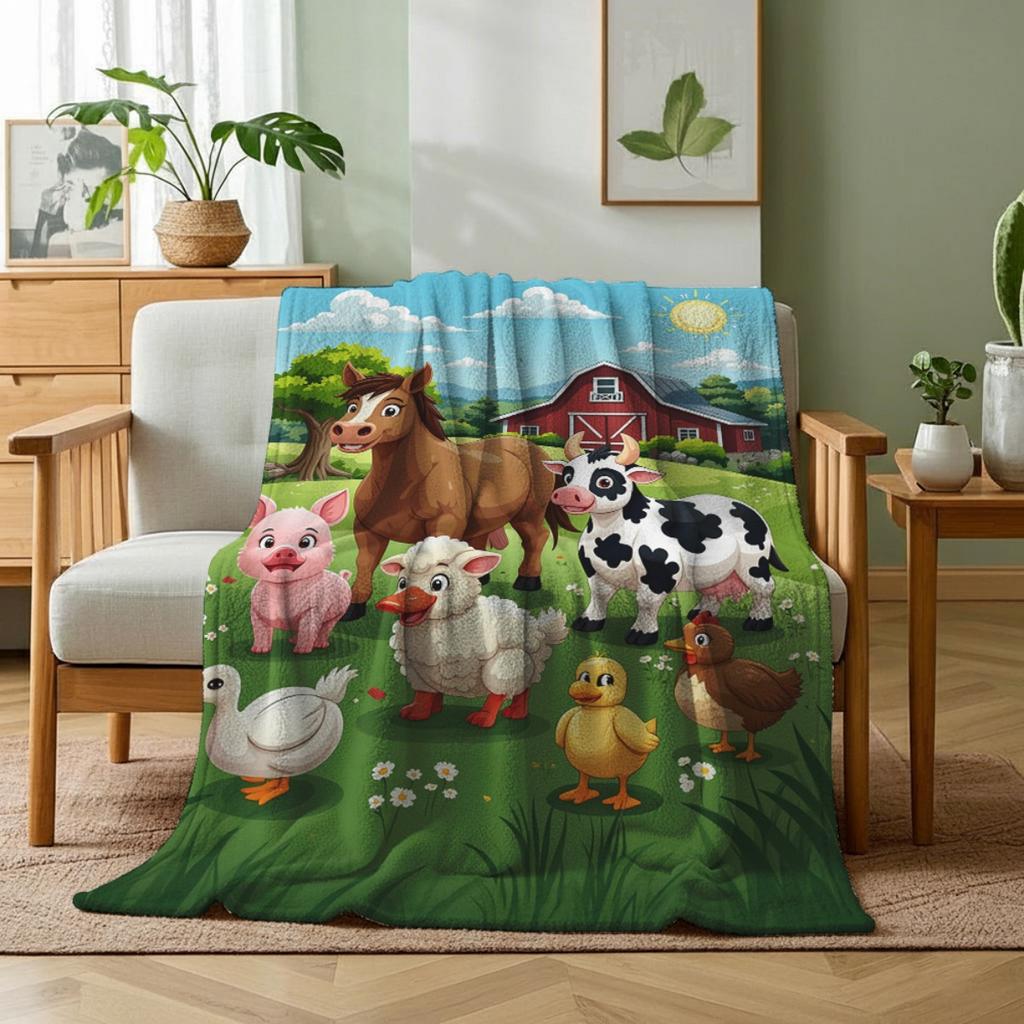 Cartoon Farm Animals Fleece Blanket Kids Barnyard Print Throw Soft Cozy All Season Bedding Home Decor Gift For Children