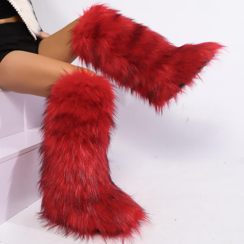 Womens Knee High Fuzzy Faux Fur Boots - Soft, Warm, and Comfortable Slip-on Design with Flat He Ladies Plush Warm Platform Shoes