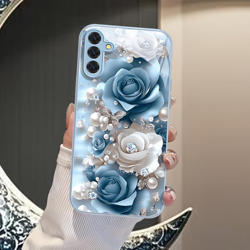 Blue flower patterned glass phone case suitable for Samsung Galaxy S26 S25 S24 S23 S22 S20 FE/Ultra/Plus anti drop back cover
