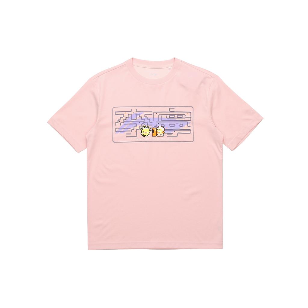 Li-Ning Sports Fashion Series Pattern Print Loose Round Neck Short Sleeve T-Shirt Unisex Tops Pink AHSR340-14