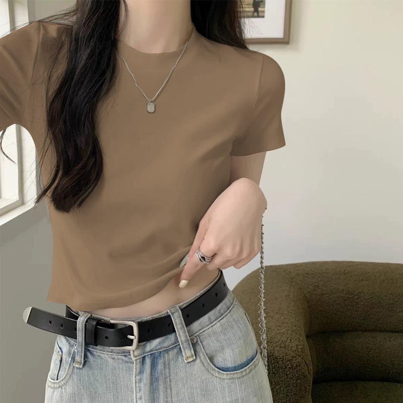 Shirt Women's Summer Short Sleeve High Waist Slim Skinny Solid Color Shoulder Short Sleeve Top Bottom Shirt