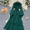 French Court Style Dress Women's Autumn High-end Single-breasted Waist and Thin Temperament Lace Long Dresses