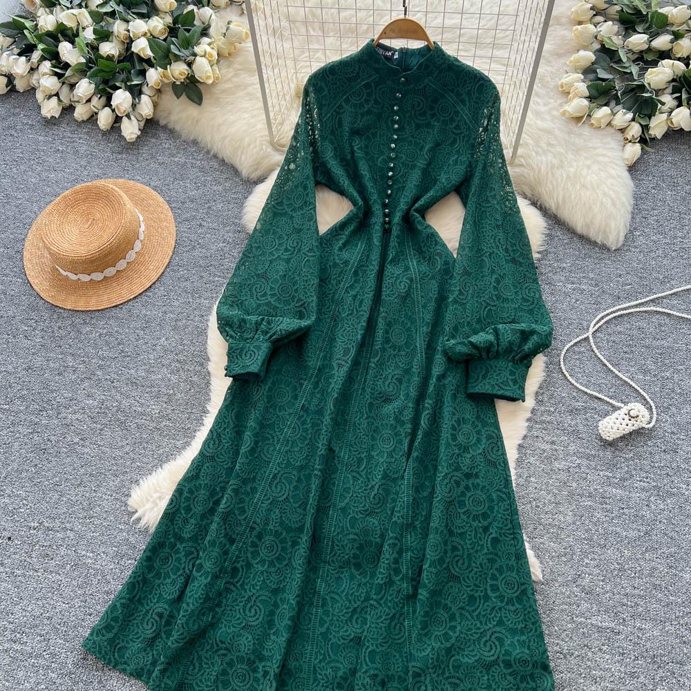 French Court Style Dress Women's Autumn High-end Single-breasted Waist and Thin Temperament Lace Long Dresses